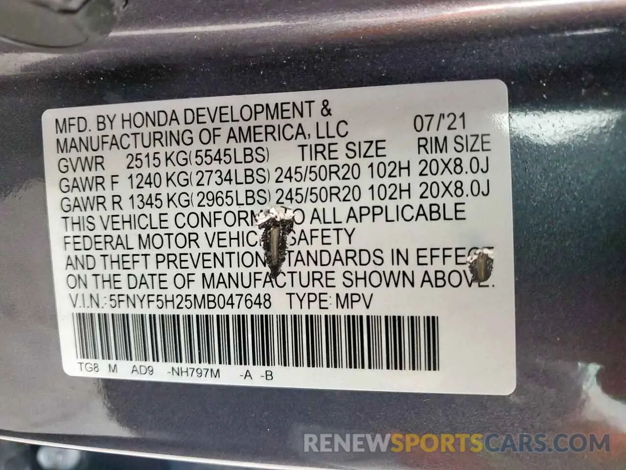 14 fotografías del automóvil dañado 5FNYF5H25MB047648 HONDA PILOT 2021