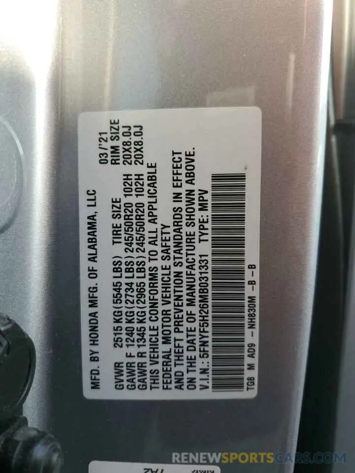14 fotografías del automóvil dañado 5FNYF5H26MB031331 HONDA PILOT 2021
