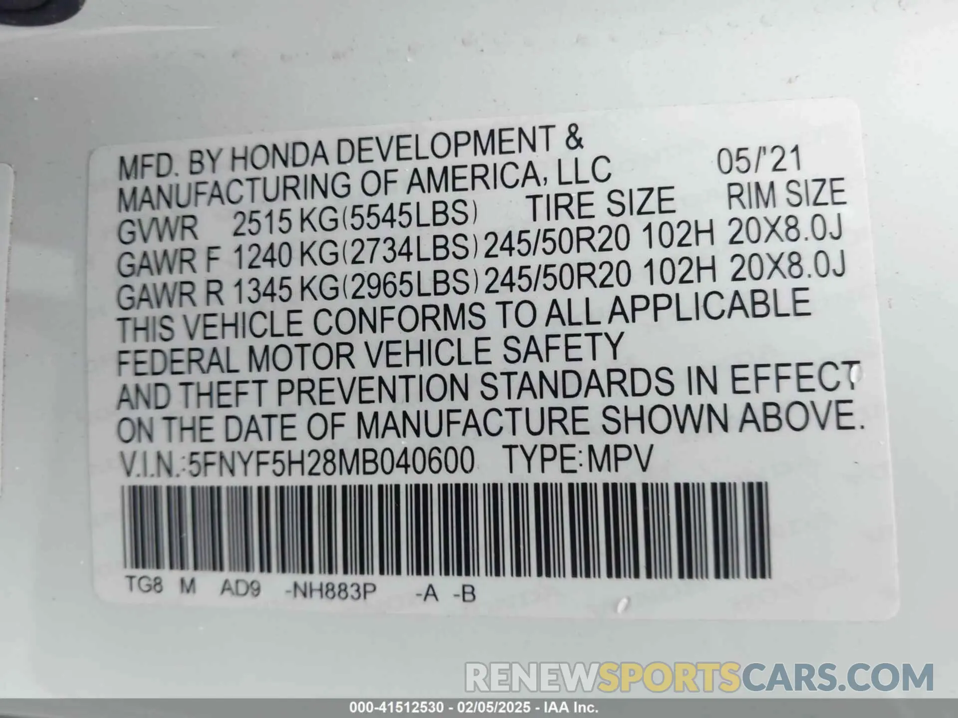 9 fotografías del automóvil dañado 5FNYF5H28MB040600 HONDA PILOT 2021