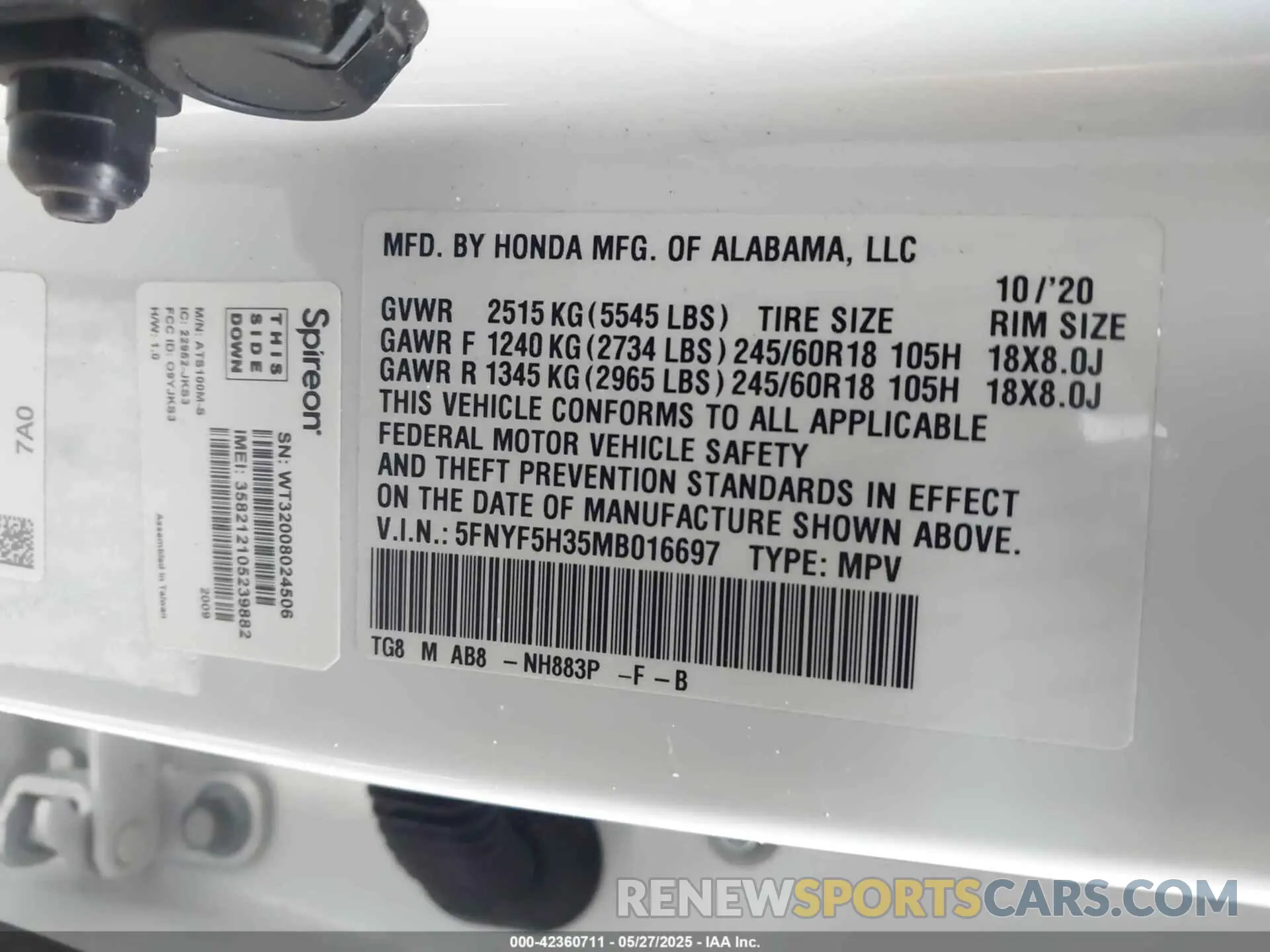 9 fotografías del automóvil dañado 5FNYF5H35MB016697 HONDA PILOT 2021