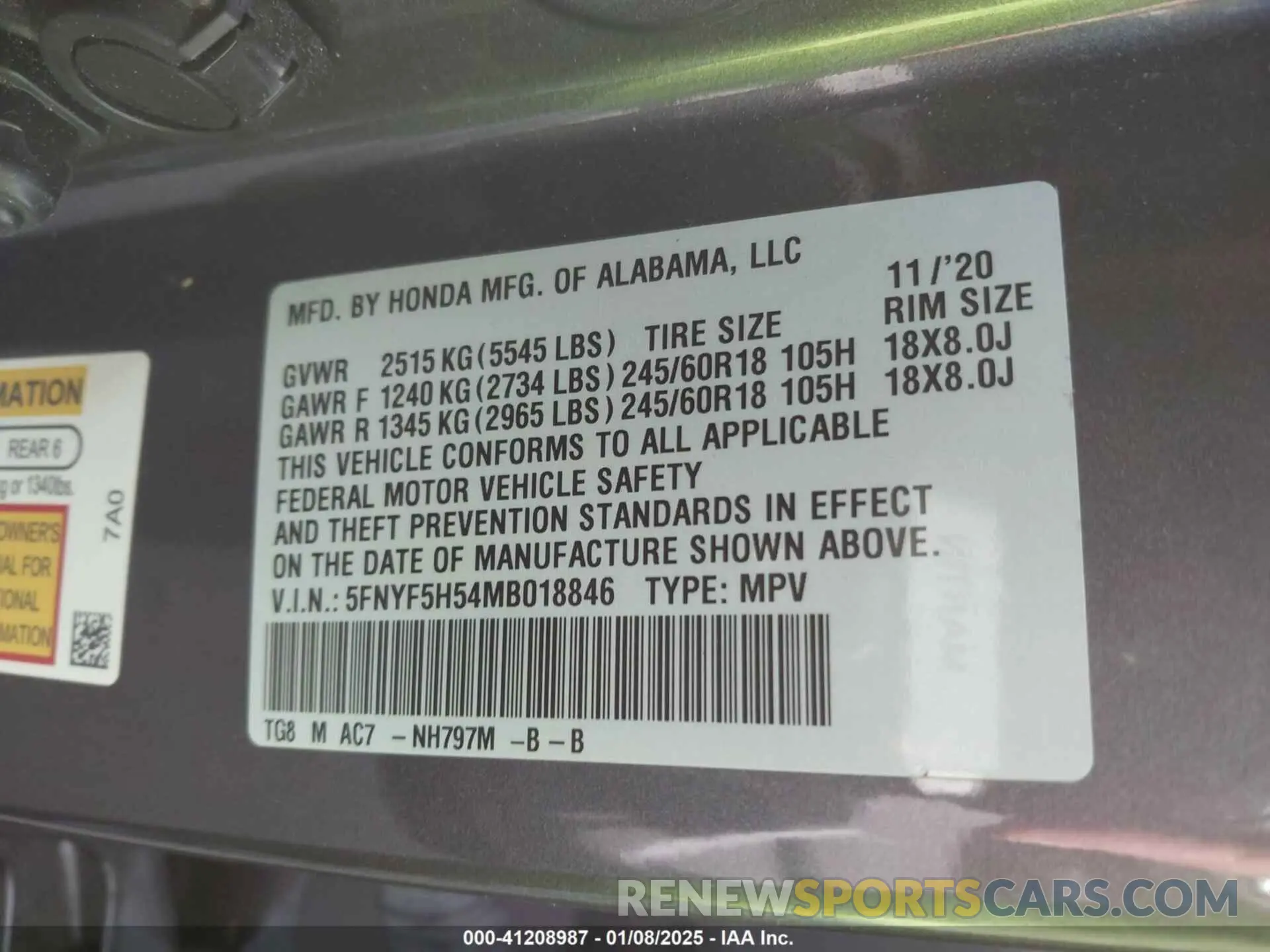 9 fotografías del automóvil dañado 5FNYF5H54MB018846 HONDA PILOT 2021
