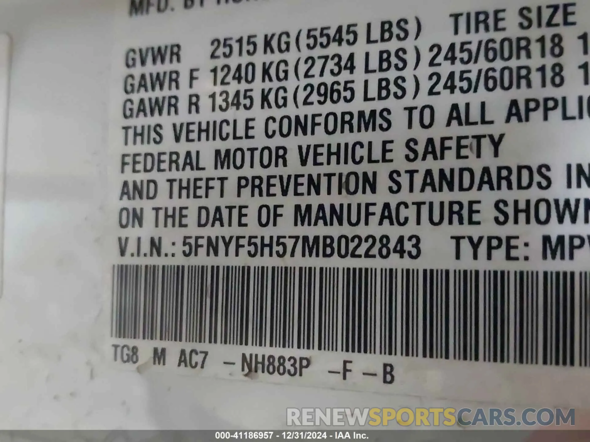 9 fotografías del automóvil dañado 5FNYF5H57MB022843 HONDA PILOT 2021