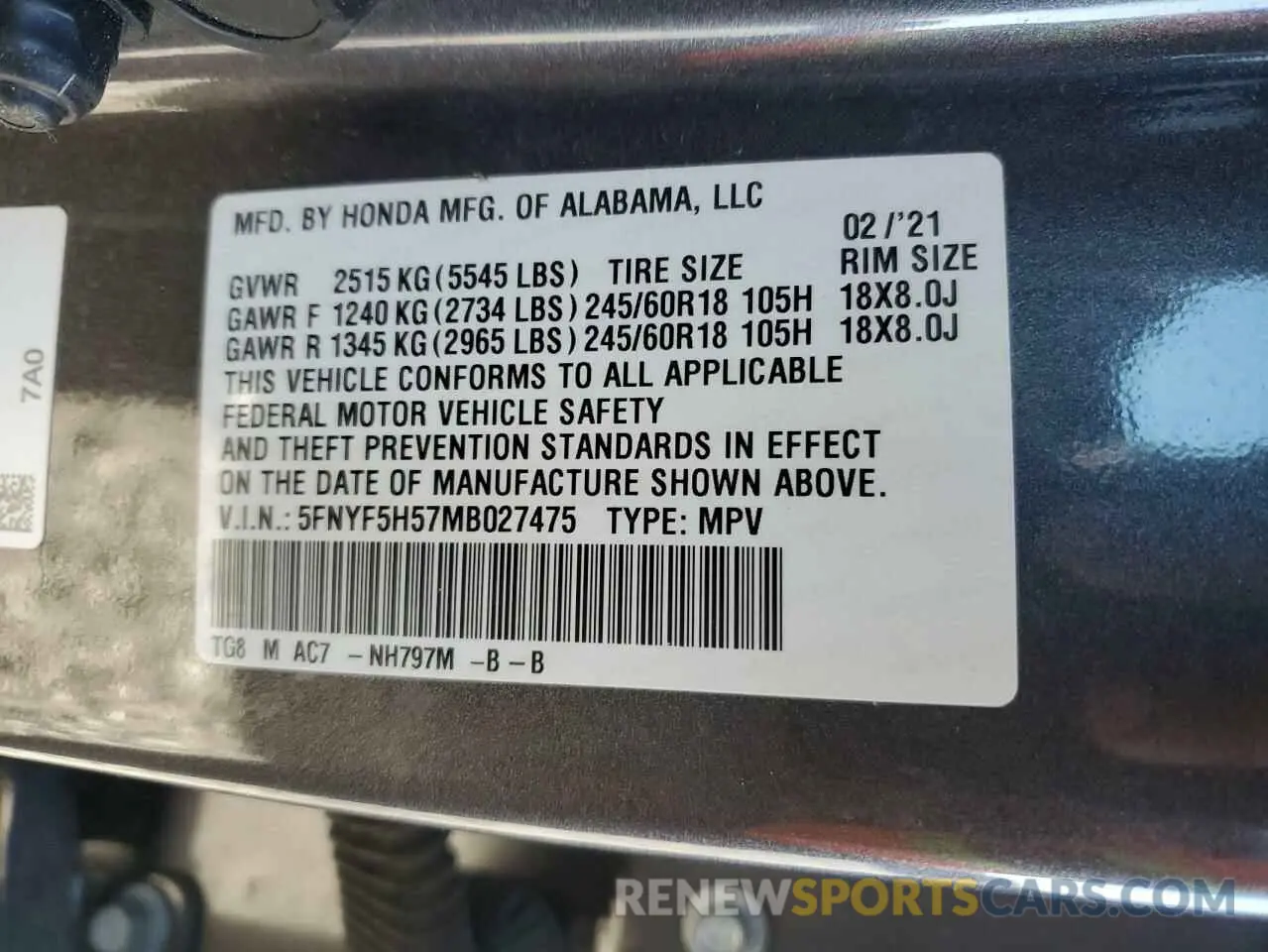 13 fotografías del automóvil dañado 5FNYF5H57MB027475 HONDA PILOT 2021