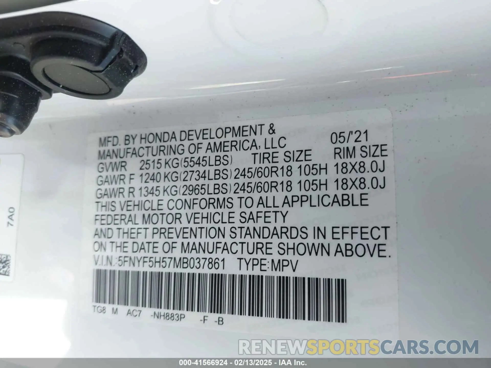 9 fotografías del automóvil dañado 5FNYF5H57MB037861 HONDA PILOT 2021