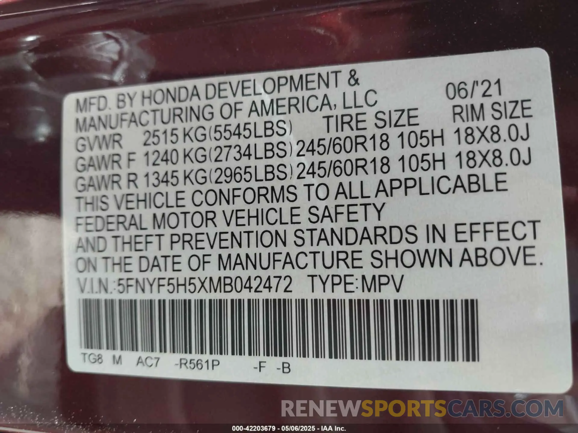 9 fotografías del automóvil dañado 5FNYF5H5XMB042472 HONDA PILOT 2021