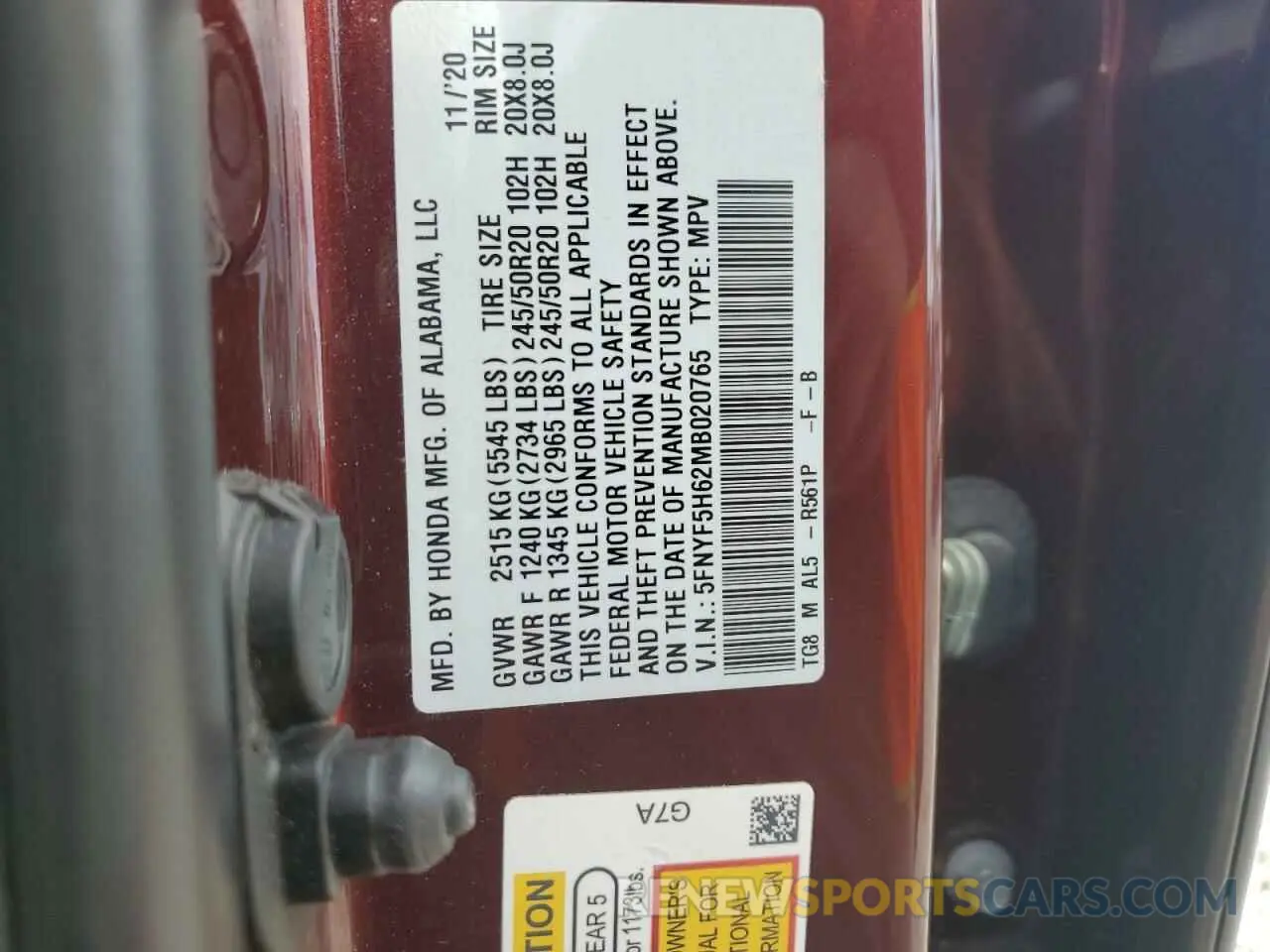 12 fotografías del automóvil dañado 5FNYF5H62MB020765 HONDA PILOT 2021