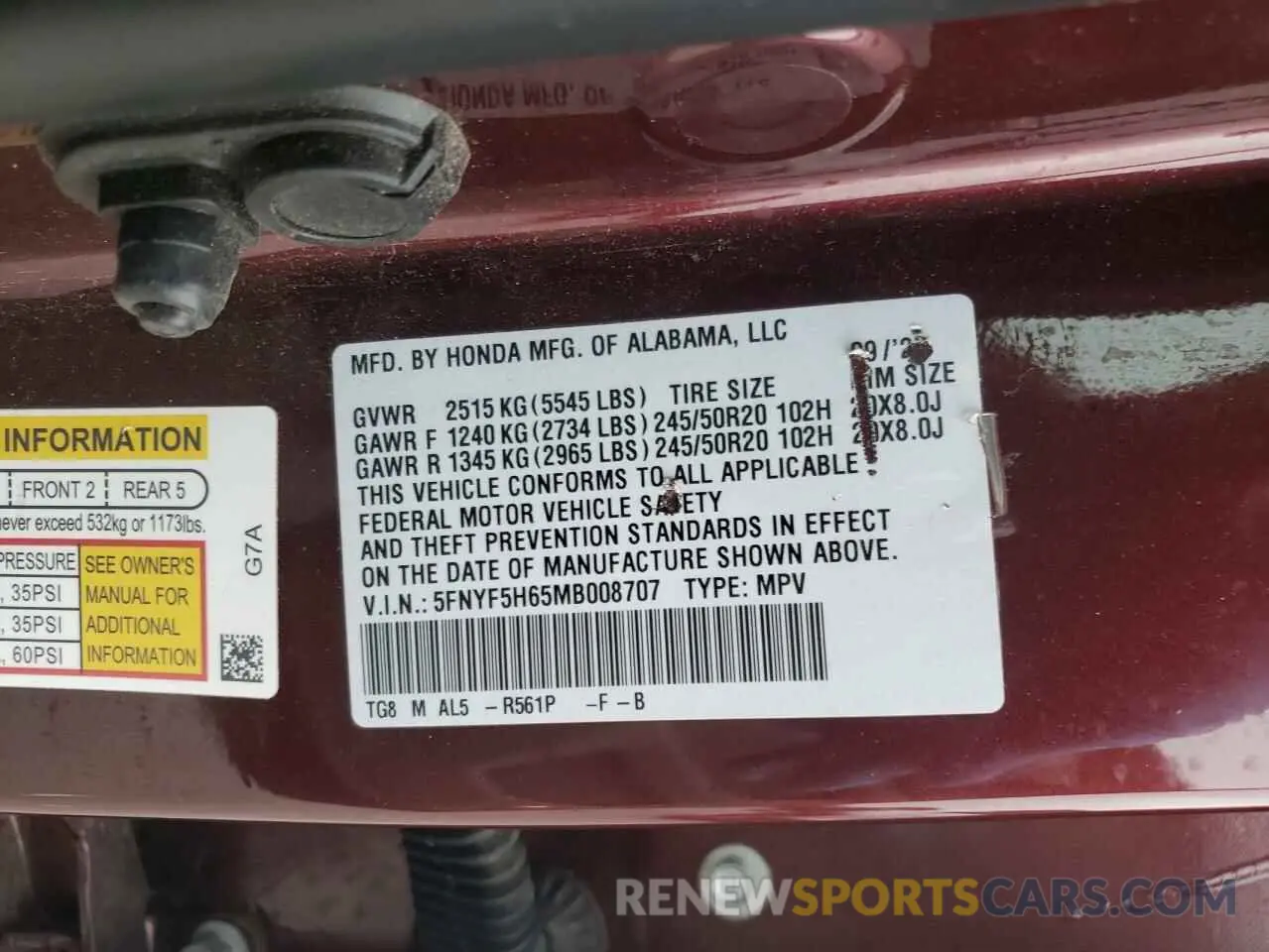 12 fotografías del automóvil dañado 5FNYF5H65MB008707 HONDA PILOT 2021