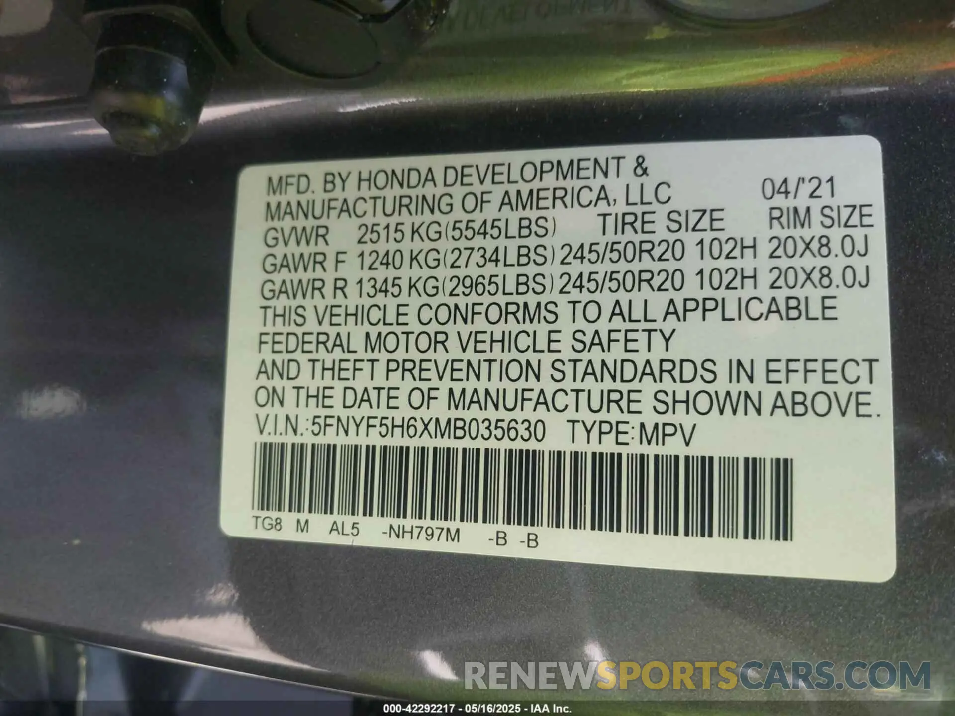 9 fotografías del automóvil dañado 5FNYF5H6XMB035630 HONDA PILOT 2021