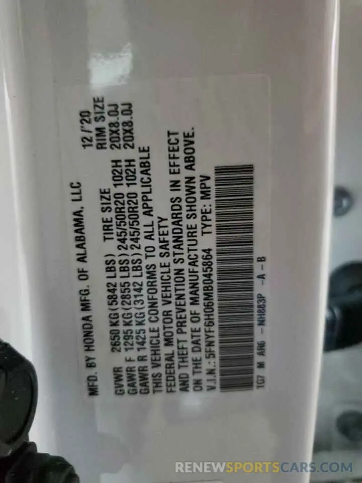 14 fotografías del automóvil dañado 5FNYF6H06MB045864 HONDA PILOT 2021