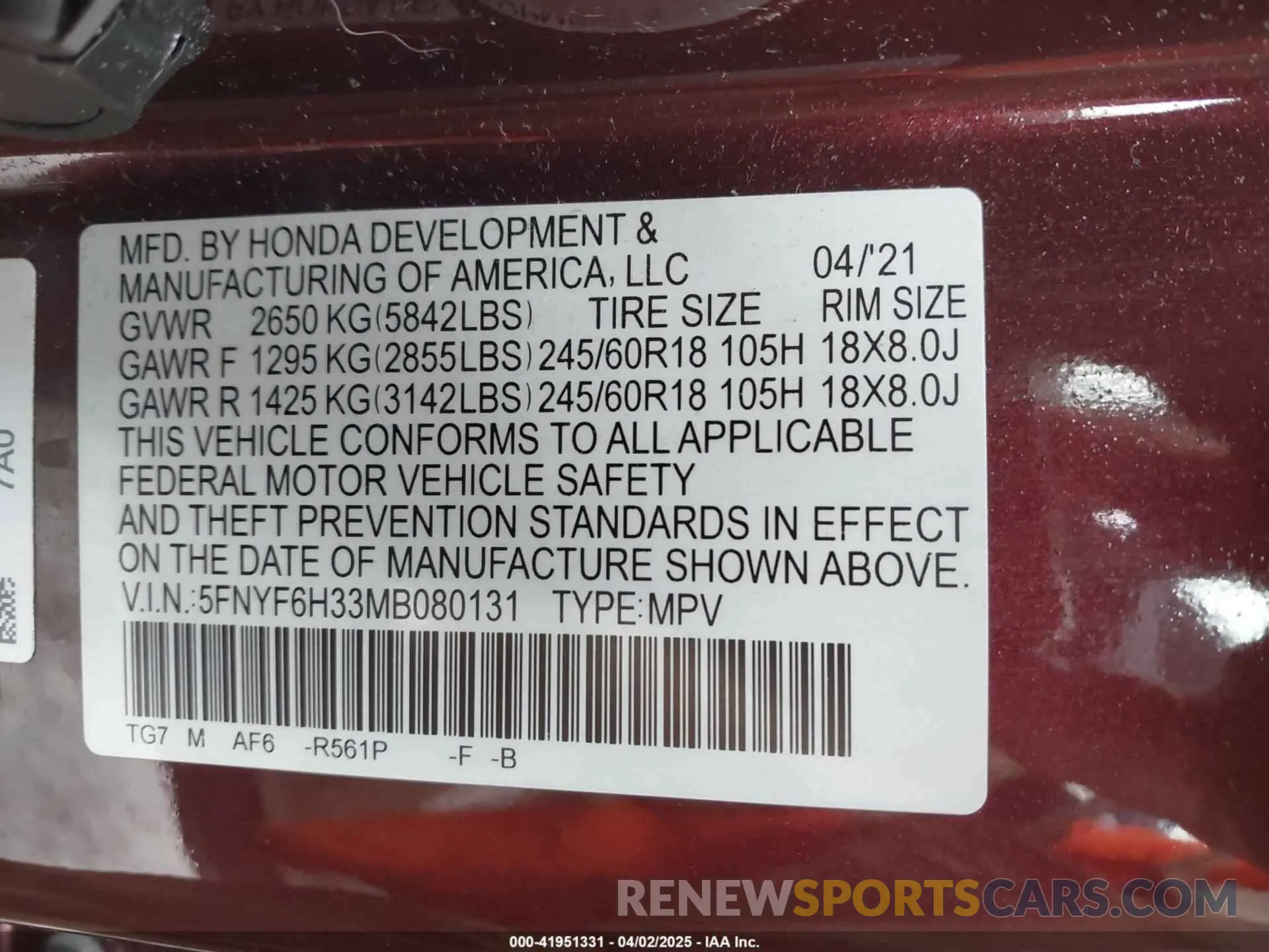 9 fotografías del automóvil dañado 5FNYF6H33MB080131 HONDA PILOT 2021
