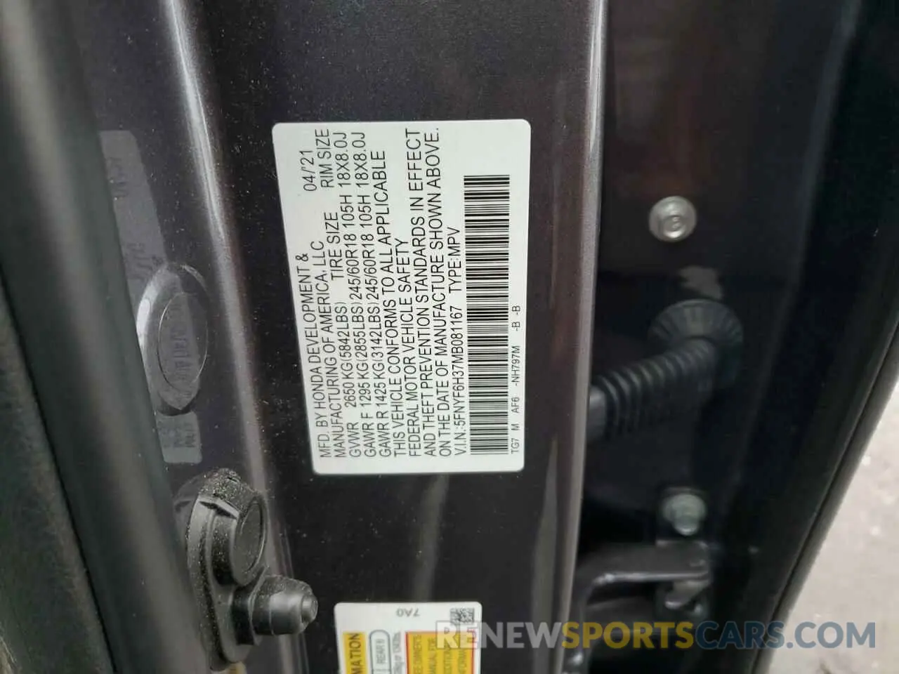 13 fotografías del automóvil dañado 5FNYF6H37MB081167 HONDA PILOT 2021