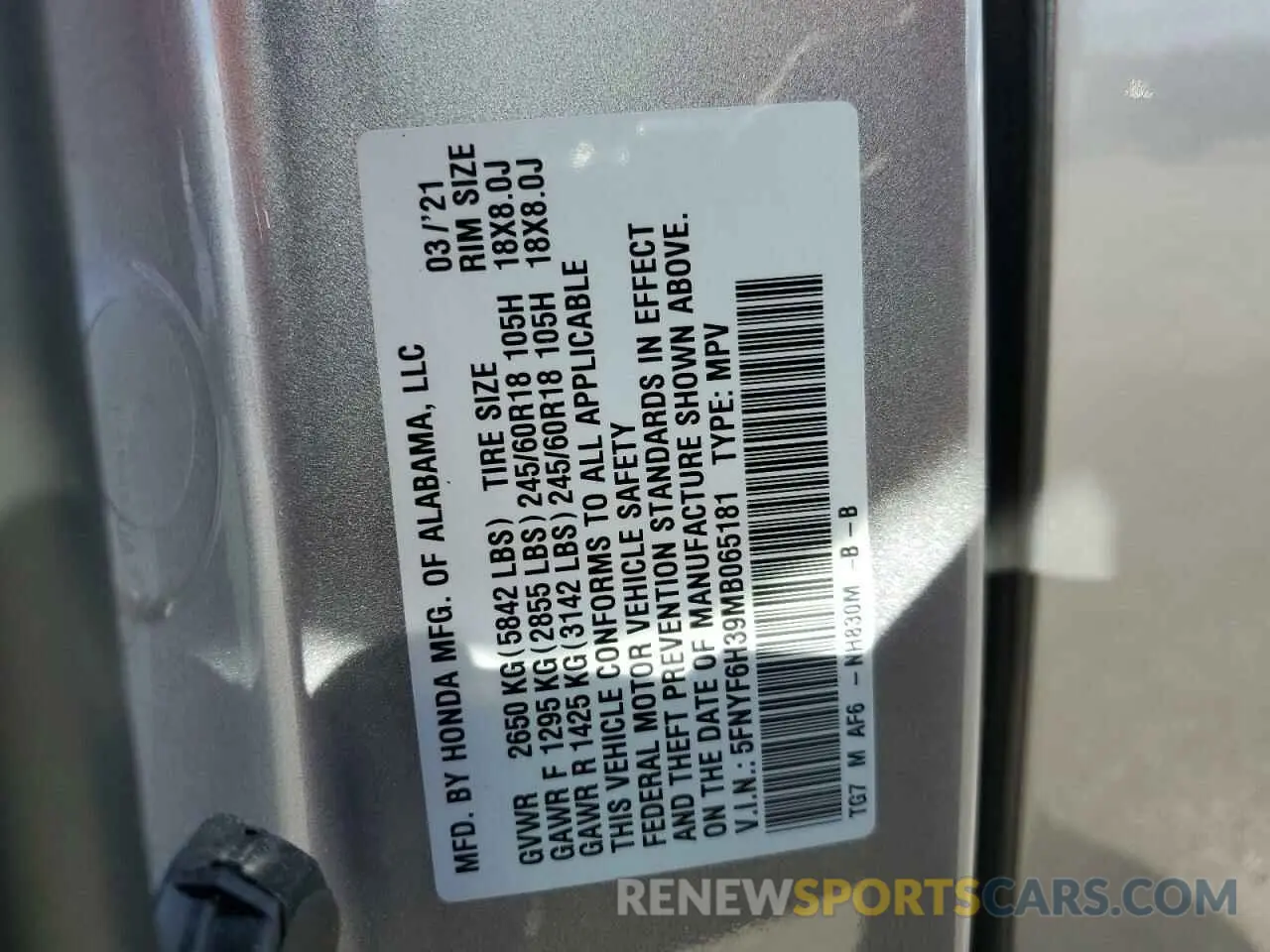 12 fotografías del automóvil dañado 5FNYF6H39MB065181 HONDA PILOT 2021