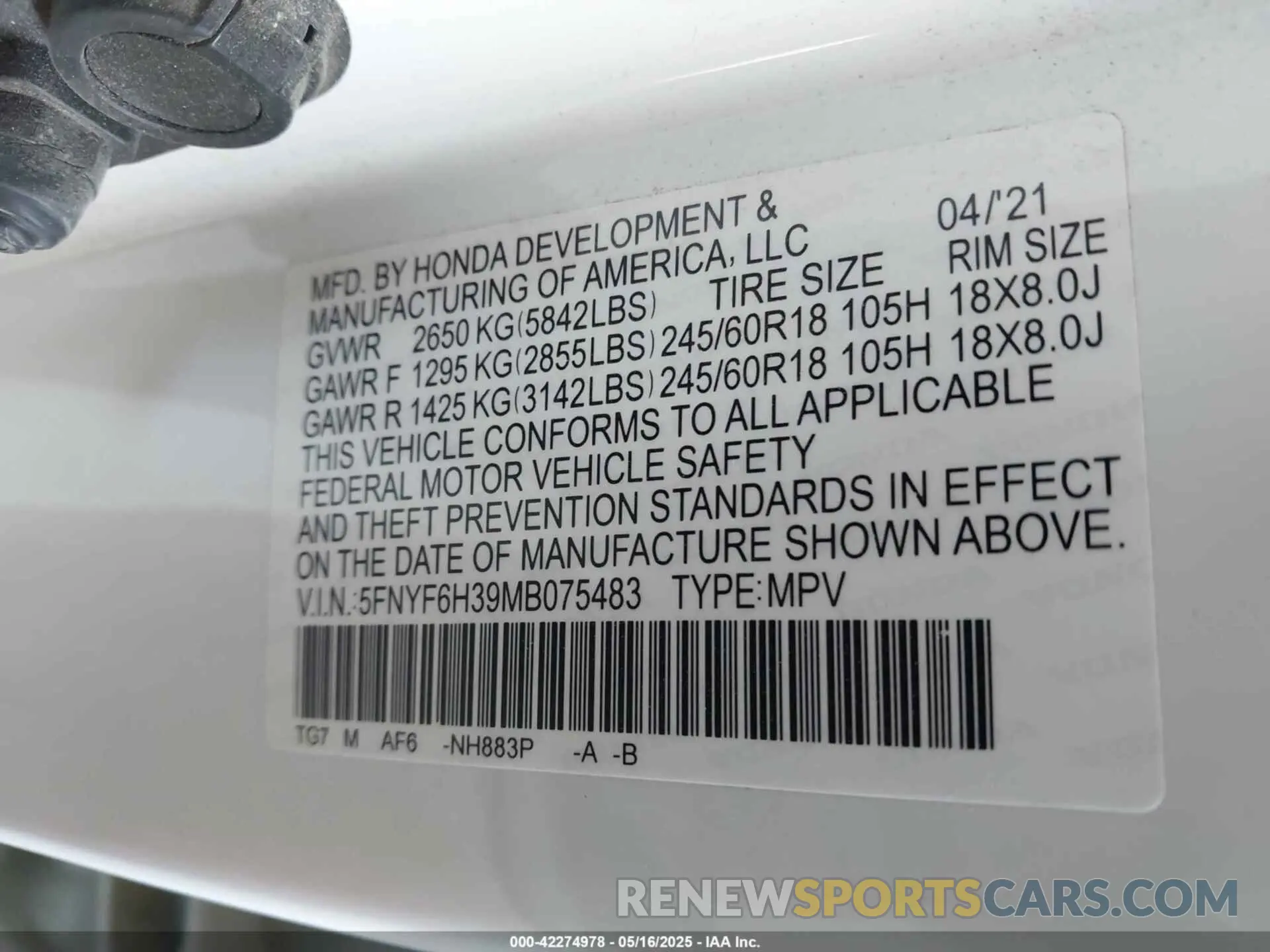 9 fotografías del automóvil dañado 5FNYF6H39MB075483 HONDA PILOT 2021