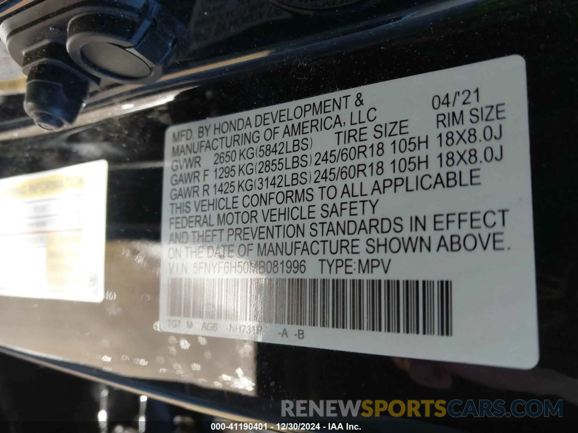 9 fotografías del automóvil dañado 5FNYF6H50MB081996 HONDA PILOT 2021