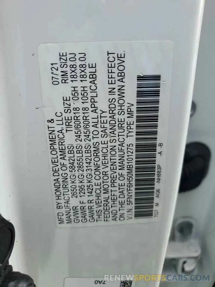 15 fotografías del automóvil dañado 5FNYF6H50MB101275 HONDA PILOT 2021