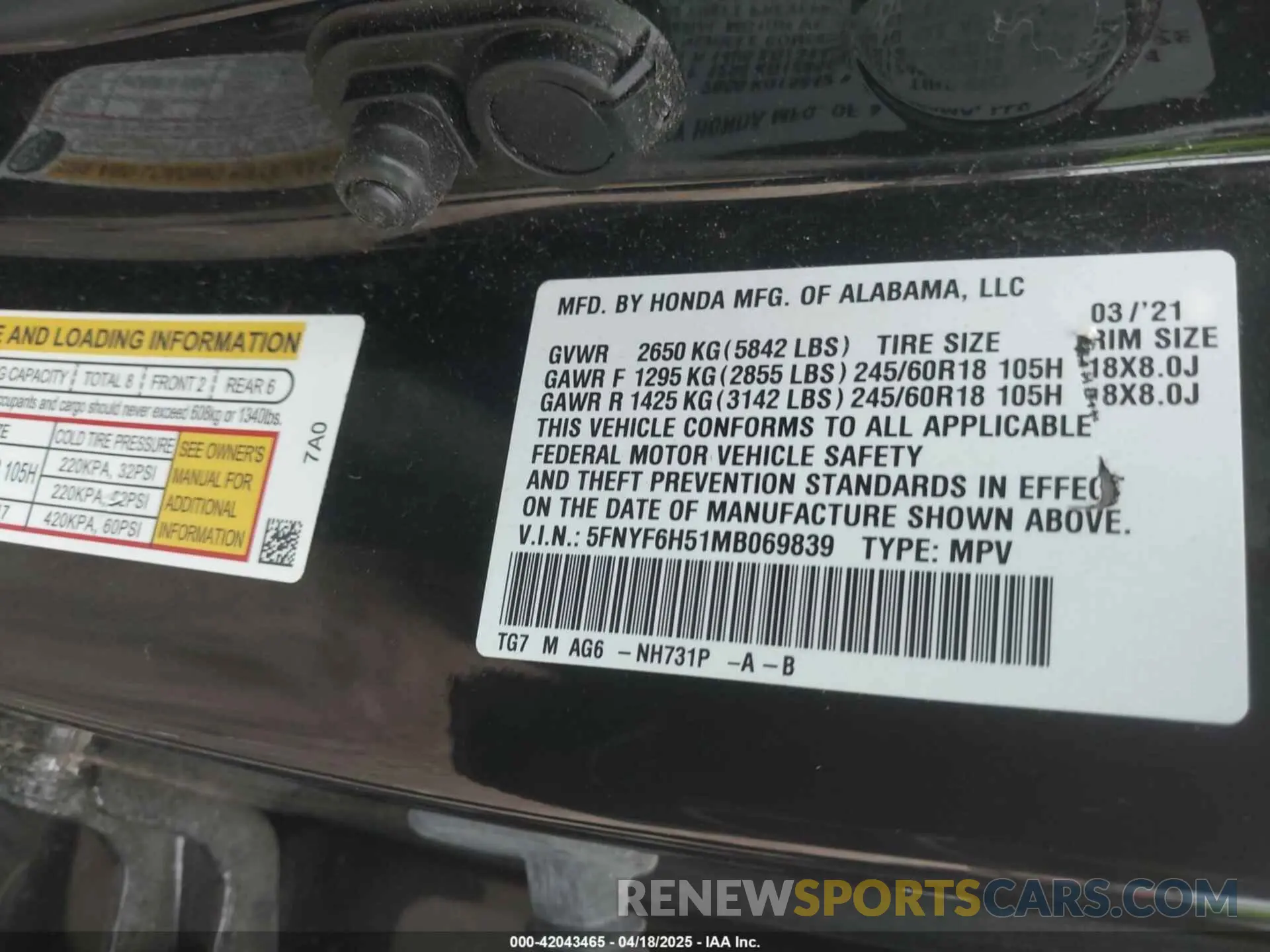 9 fotografías del automóvil dañado 5FNYF6H51MB069839 HONDA PILOT 2021