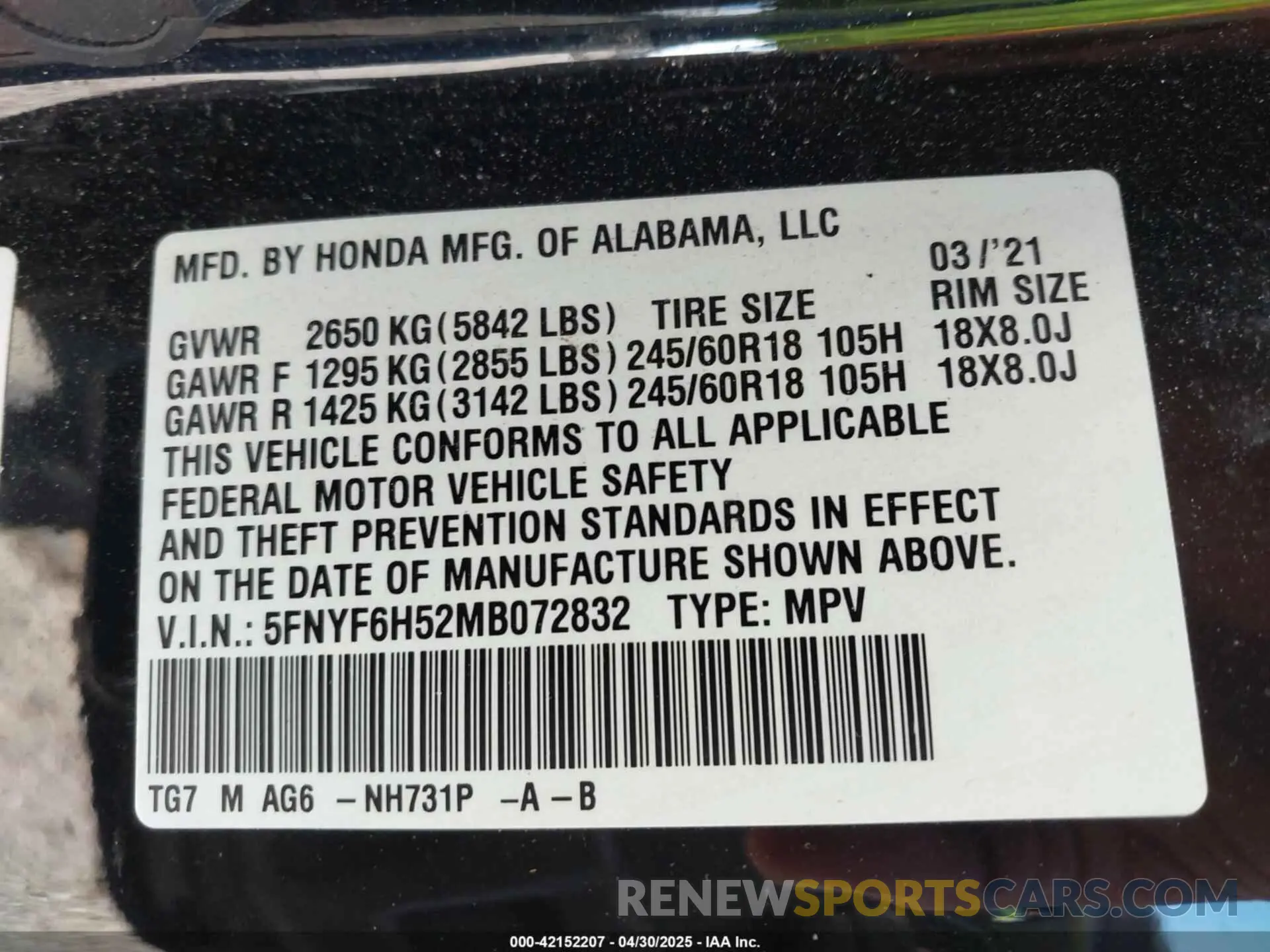 9 fotografías del automóvil dañado 5FNYF6H52MB072832 HONDA PILOT 2021