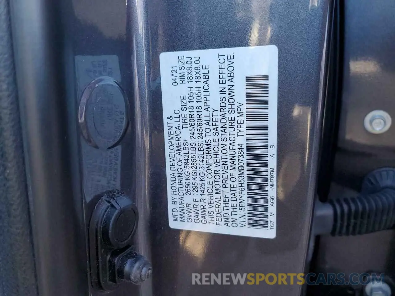 12 fotografías del automóvil dañado 5FNYF6H53MB073844 HONDA PILOT 2021
