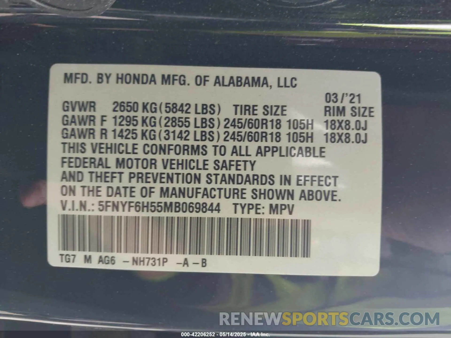 9 fotografías del automóvil dañado 5FNYF6H55MB069844 HONDA PILOT 2021