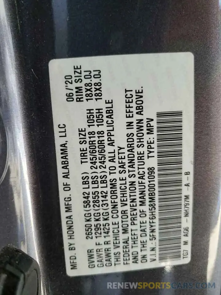 13 fotografías del automóvil dañado 5FNYF6H58MB001098 HONDA PILOT 2021