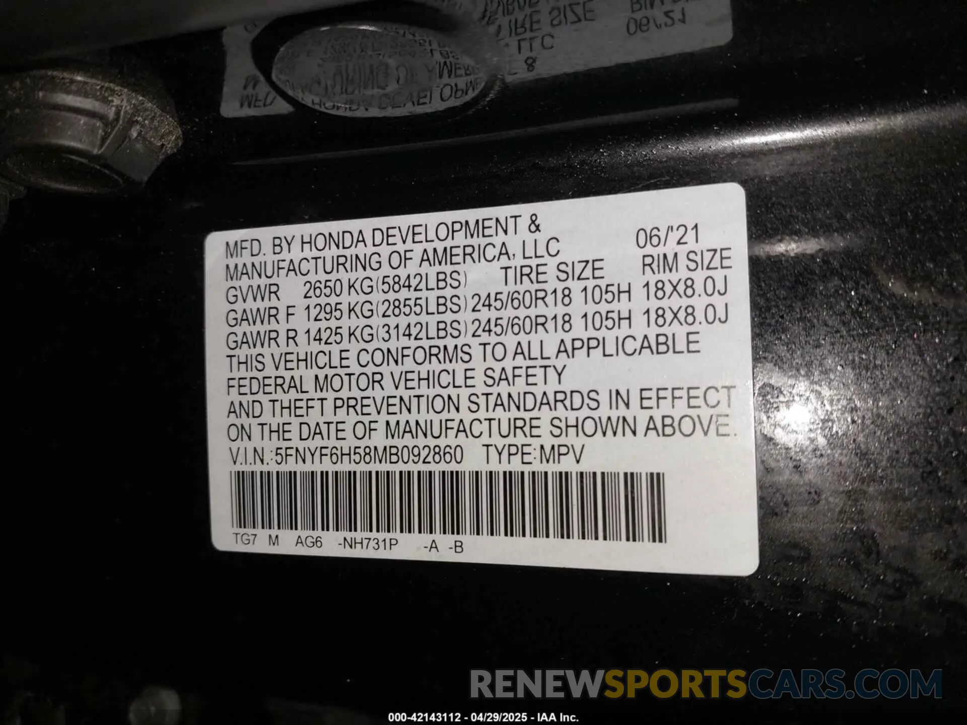 9 fotografías del automóvil dañado 5FNYF6H58MB092860 HONDA PILOT 2021