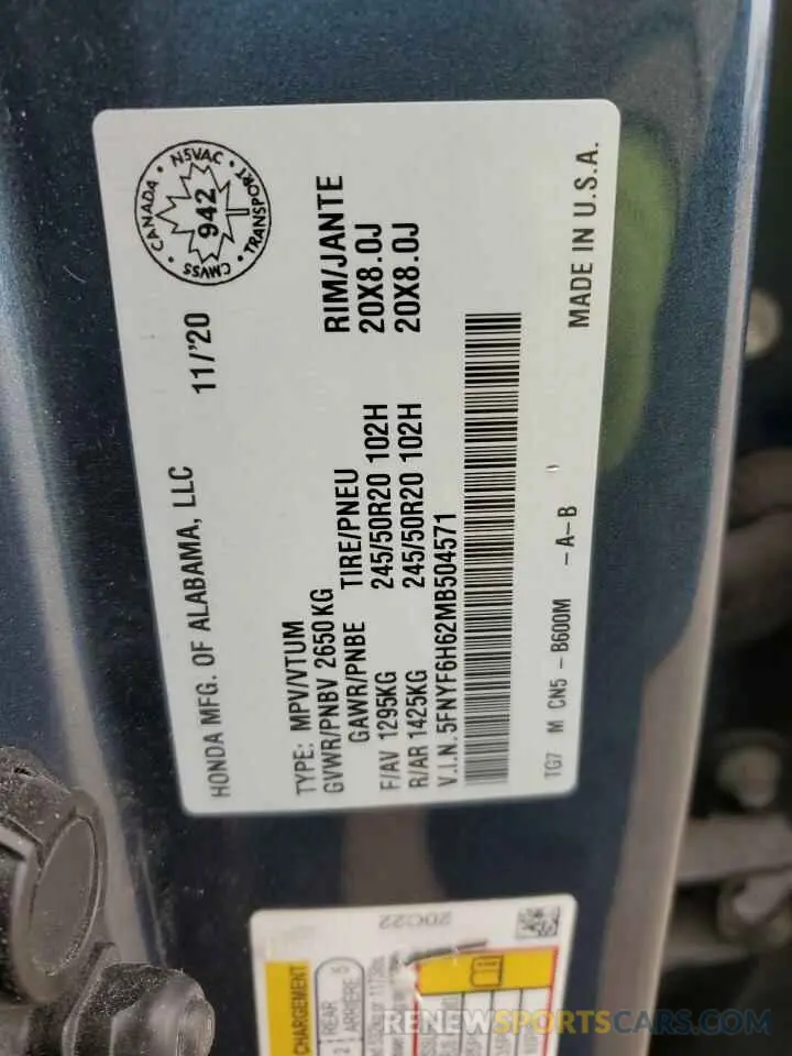 14 fotografías del automóvil dañado 5FNYF6H62MB504571 HONDA PILOT 2021
