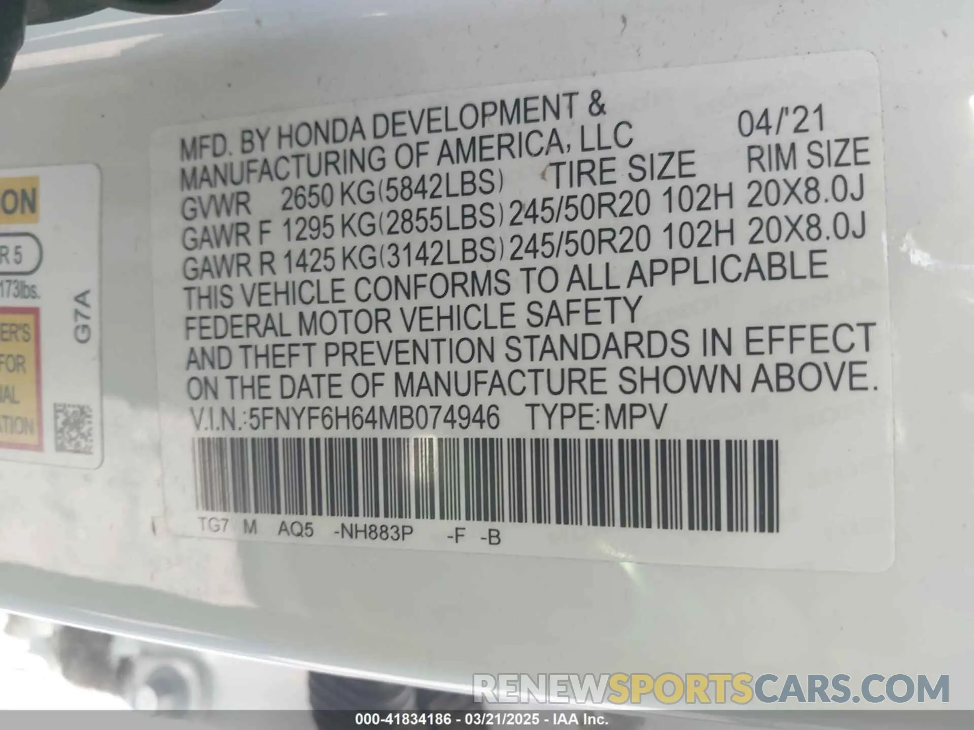9 fotografías del automóvil dañado 5FNYF6H64MB074946 HONDA PILOT 2021