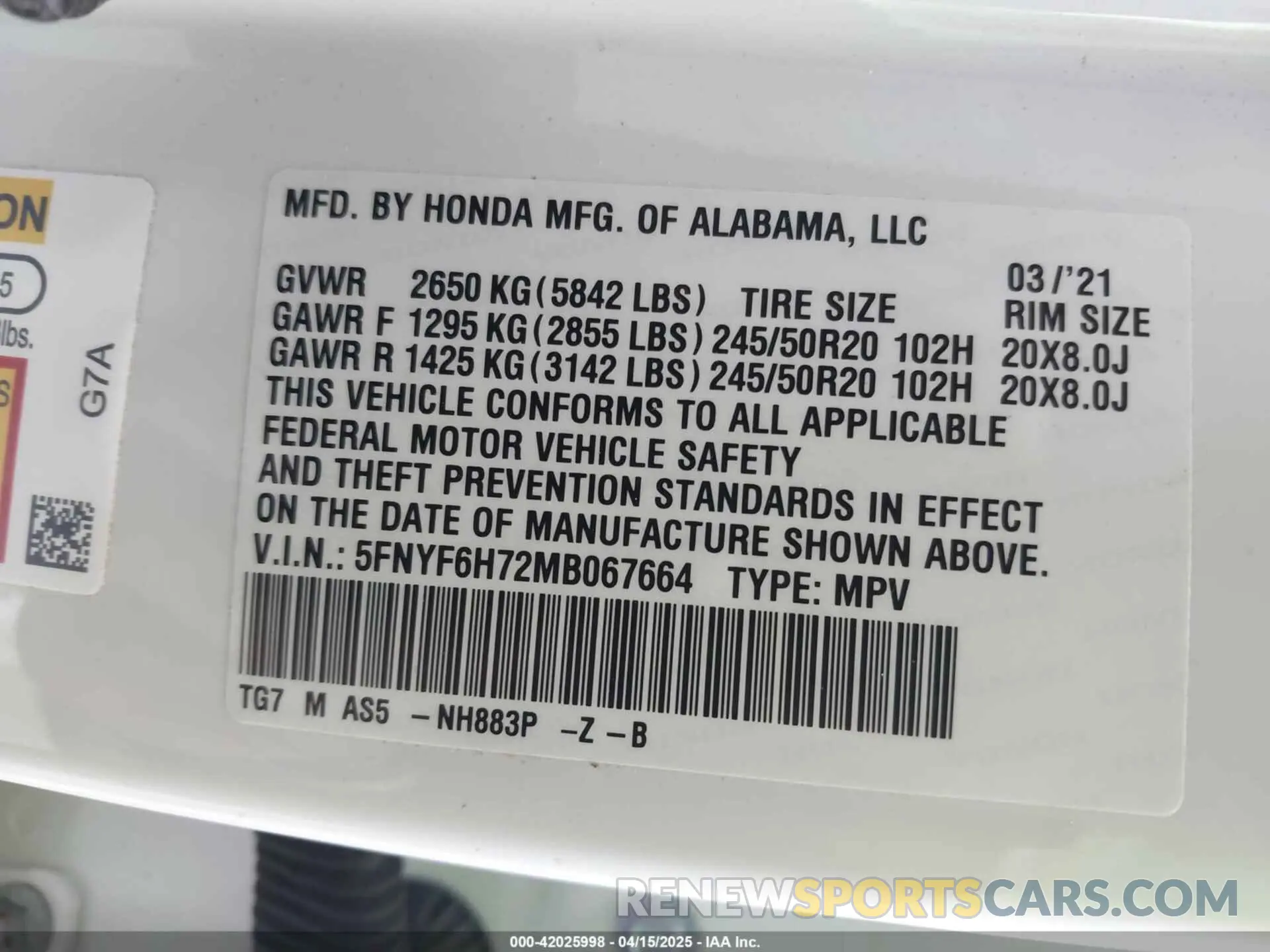 9 fotografías del automóvil dañado 5FNYF6H72MB067664 HONDA PILOT 2021