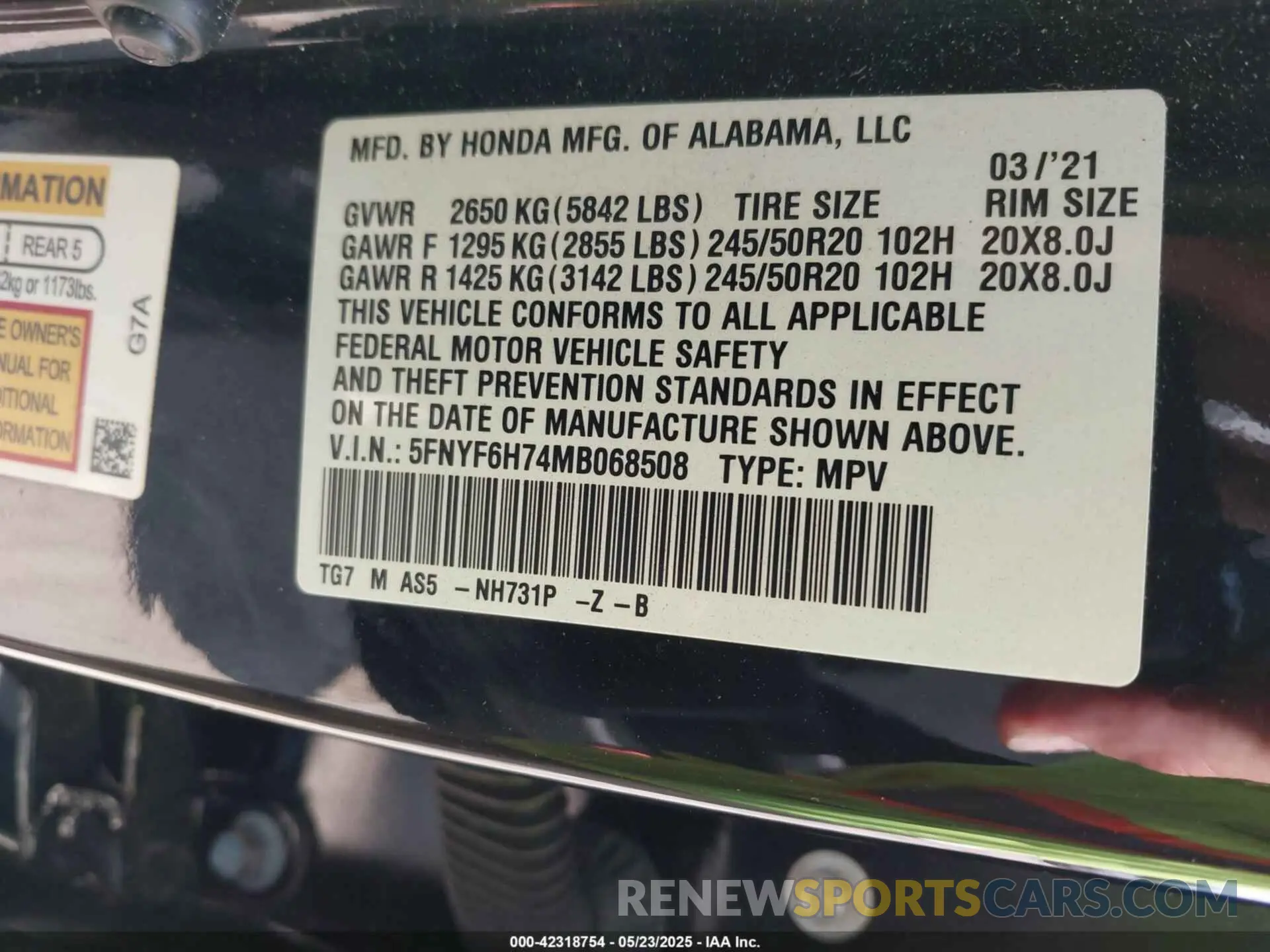 9 fotografías del automóvil dañado 5FNYF6H74MB068508 HONDA PILOT 2021