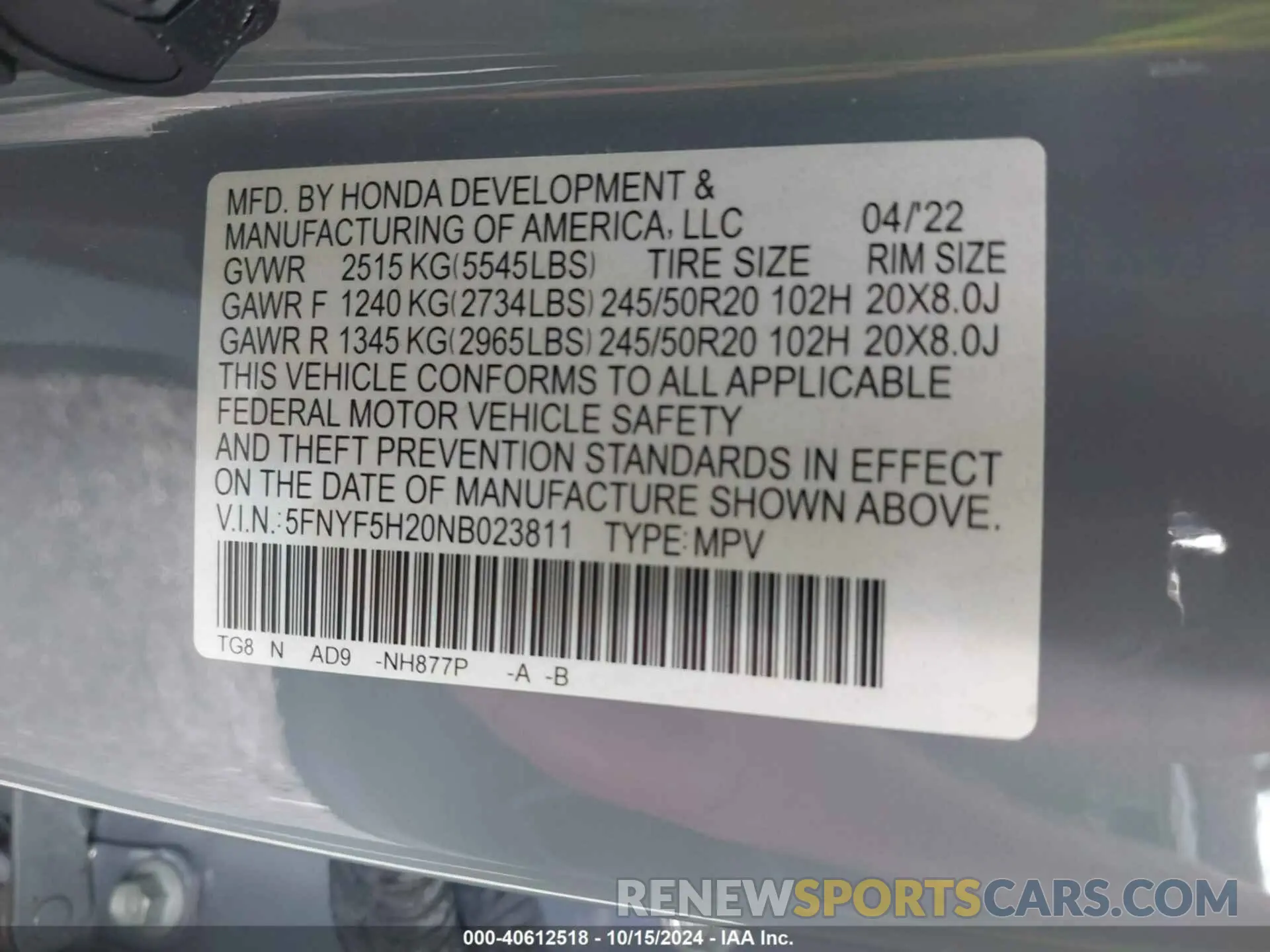 9 fotografías del automóvil dañado 5FNYF5H20NB023811 HONDA PILOT 2022