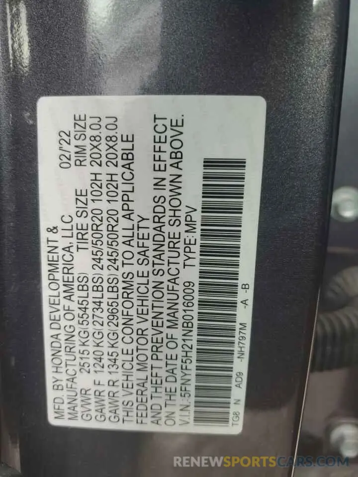 14 fotografías del automóvil dañado 5FNYF5H21NB016009 HONDA PILOT 2022