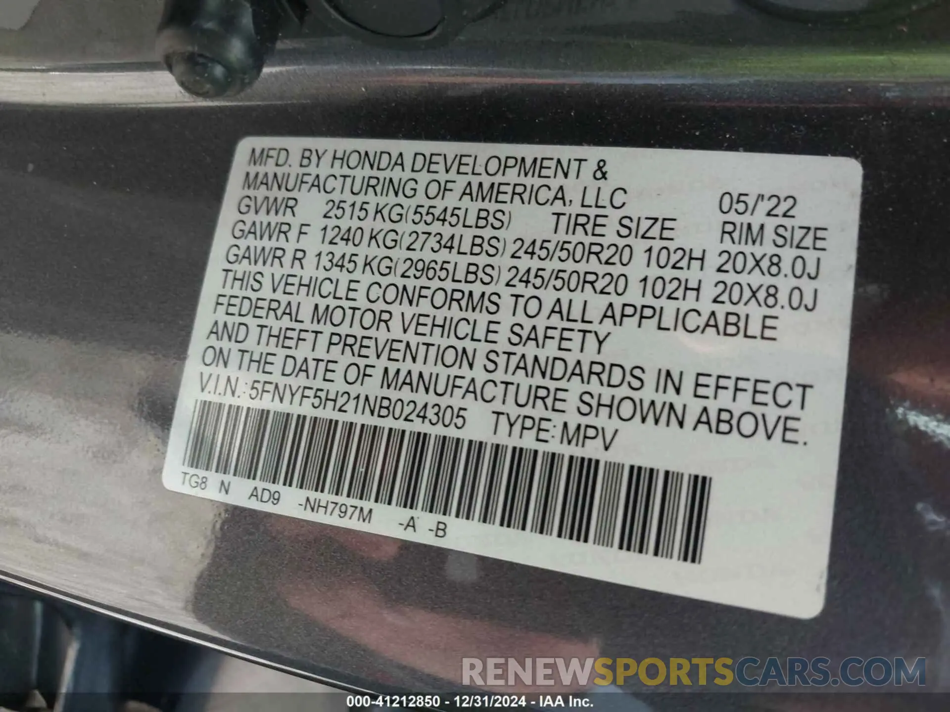 9 fotografías del automóvil dañado 5FNYF5H21NB024305 HONDA PILOT 2022