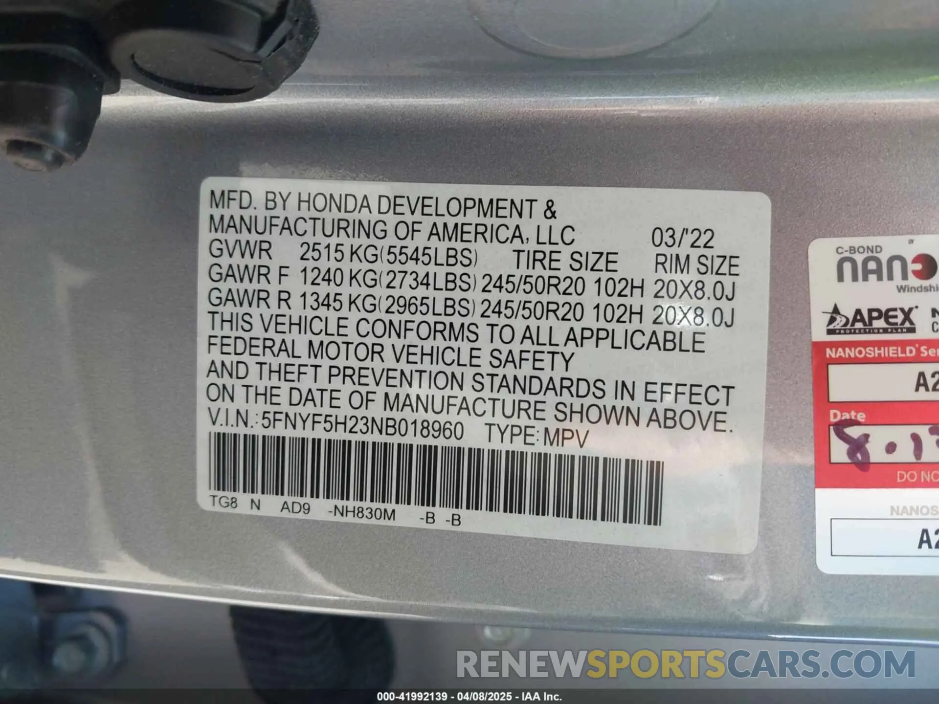 9 fotografías del automóvil dañado 5FNYF5H23NB018960 HONDA PILOT 2022