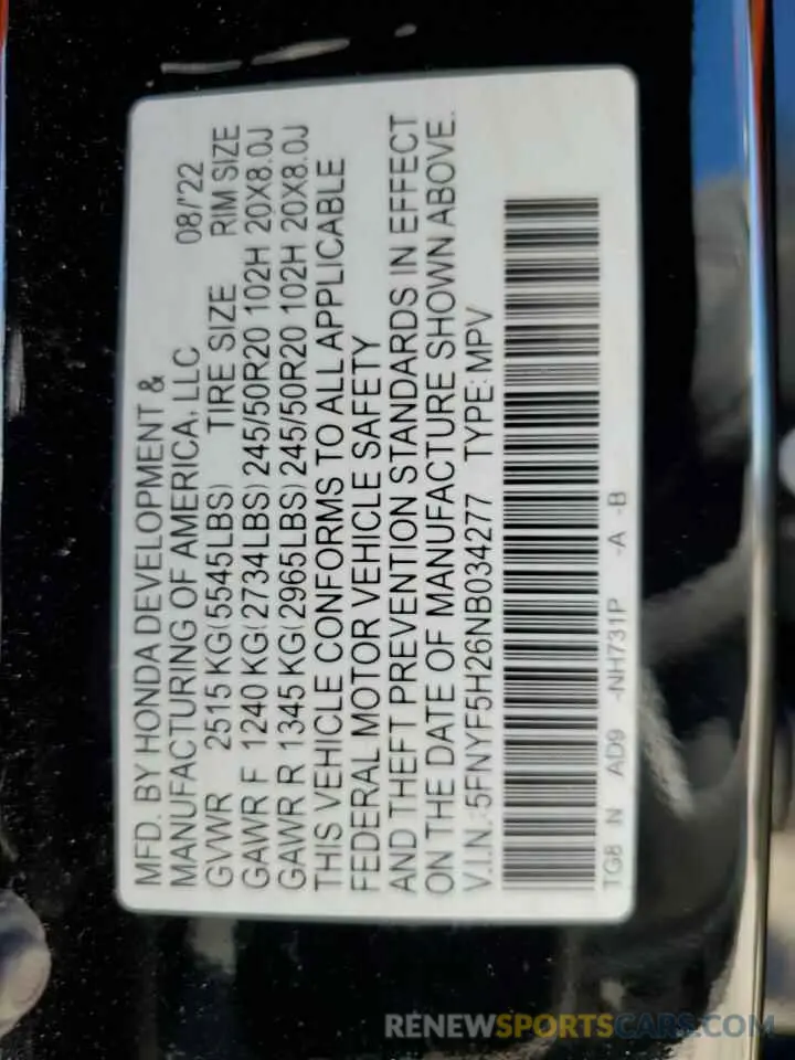 15 fotografías del automóvil dañado 5FNYF5H26NB034277 HONDA PILOT 2022
