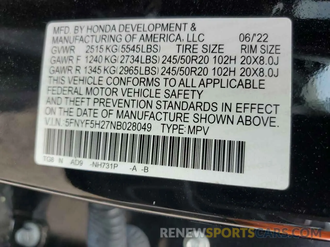 13 fotografías del automóvil dañado 5FNYF5H27NB028049 HONDA PILOT 2022