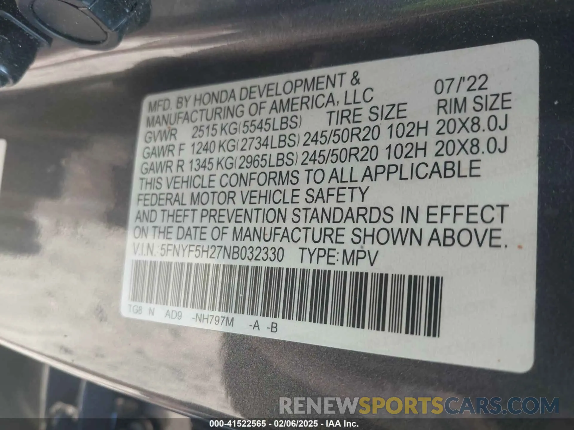 9 fotografías del automóvil dañado 5FNYF5H27NB032330 HONDA PILOT 2022