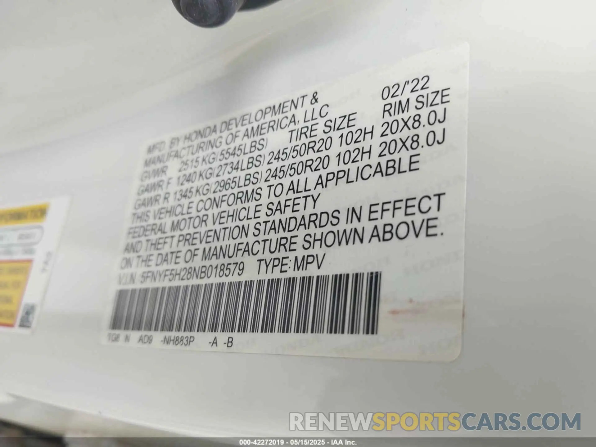 9 fotografías del automóvil dañado 5FNYF5H28NB018579 HONDA PILOT 2022