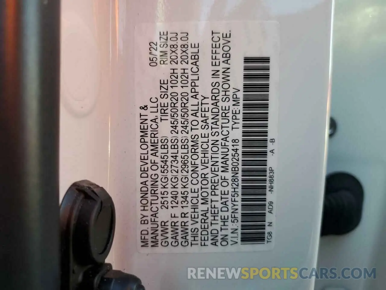 15 fotografías del automóvil dañado 5FNYF5H28NB025418 HONDA PILOT 2022