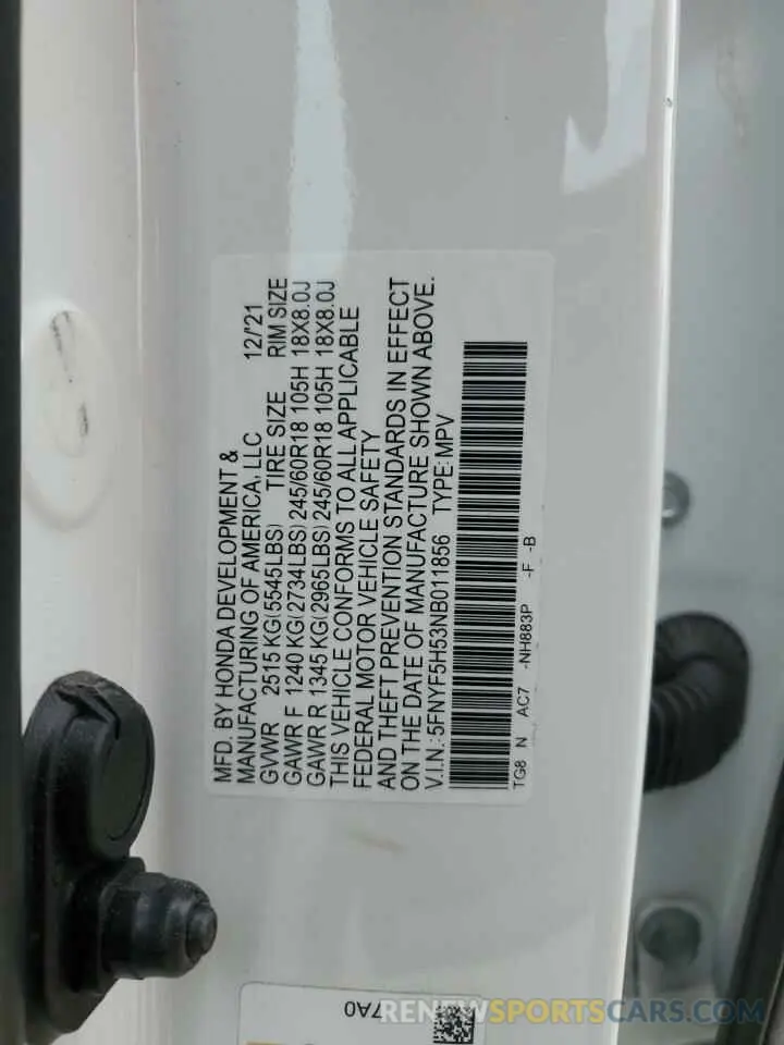15 fotografías del automóvil dañado 5FNYF5H53NB011856 HONDA PILOT 2022
