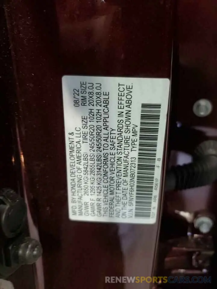 12 fotografías del automóvil dañado 5FNYF6H03NB072313 HONDA PILOT 2022