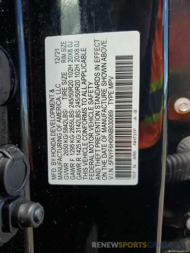 12 fotografías del automóvil dañado 5FNYF6H06NB030069 HONDA PILOT 2022