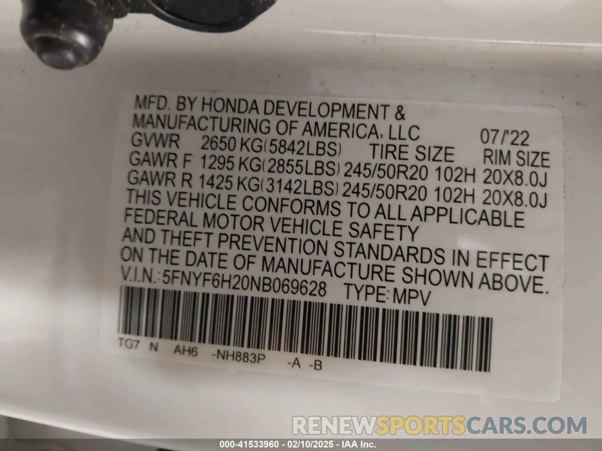 9 fotografías del automóvil dañado 5FNYF6H20NB069628 HONDA PILOT 2022