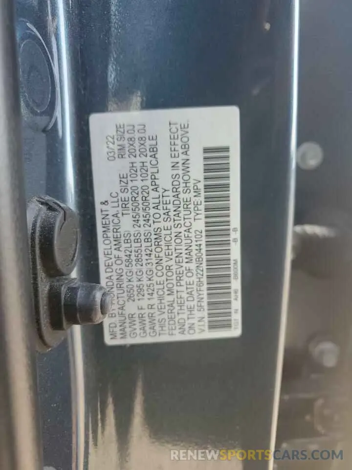12 fotografías del automóvil dañado 5FNYF6H22NB044102 HONDA PILOT 2022
