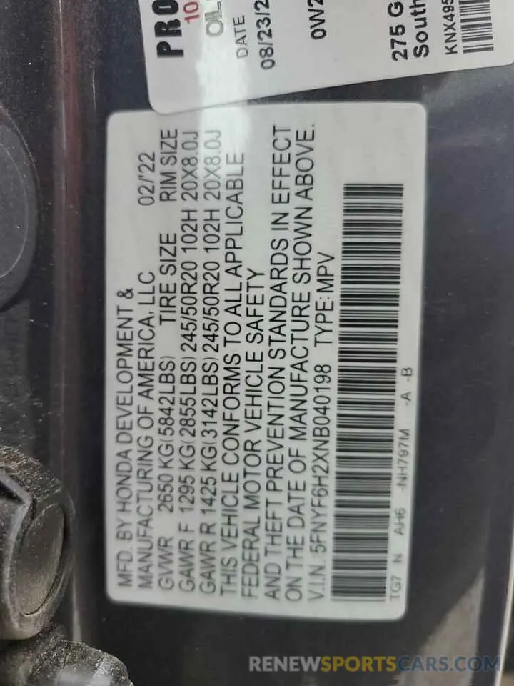16 fotografías del automóvil dañado 5FNYF6H2XNB040198 HONDA PILOT 2022