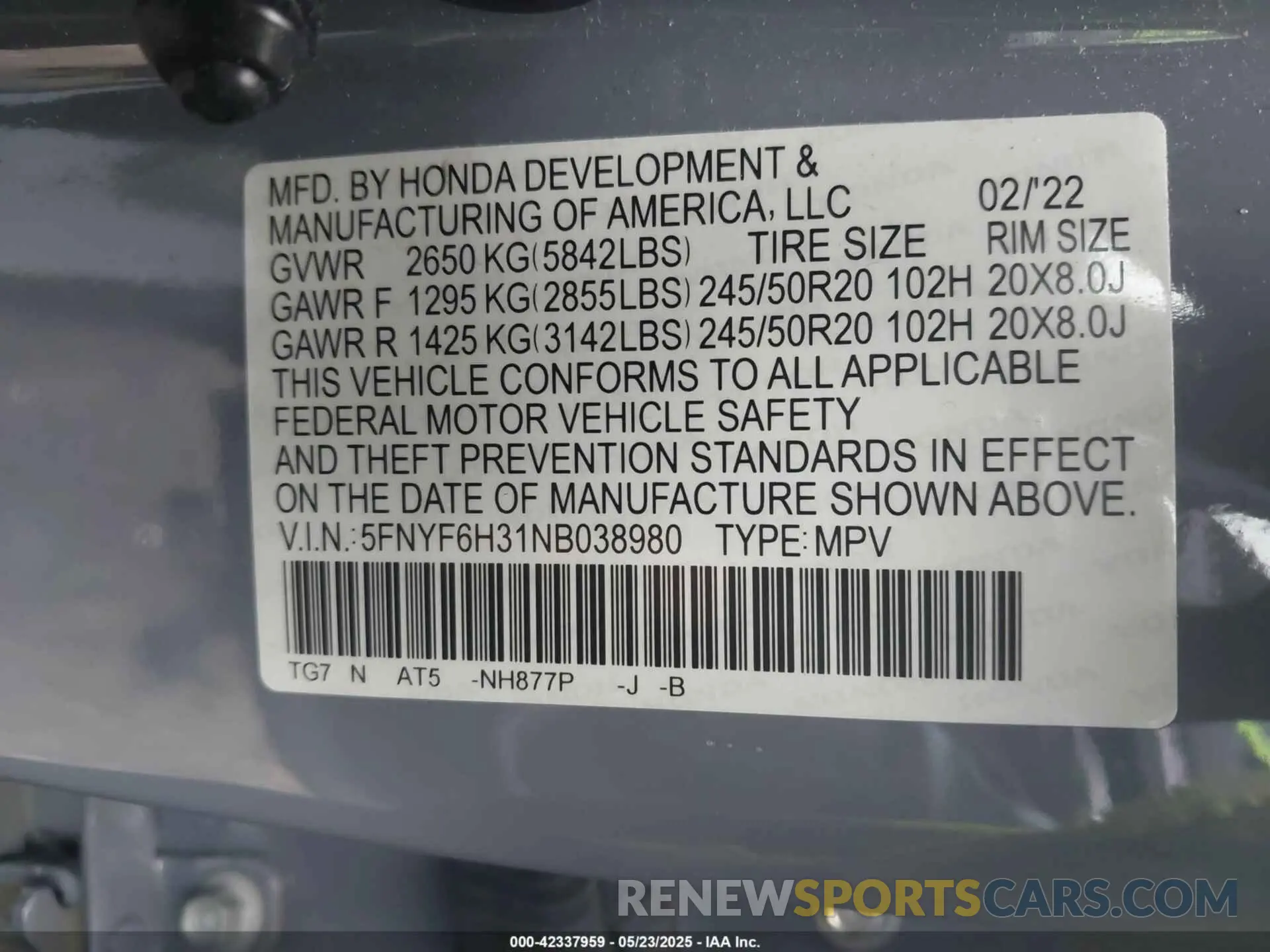 9 fotografías del automóvil dañado 5FNYF6H31NB038980 HONDA PILOT 2022