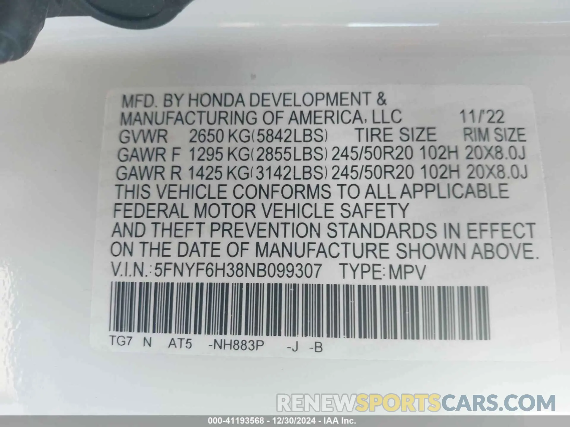 9 fotografías del automóvil dañado 5FNYF6H38NB099307 HONDA PILOT 2022