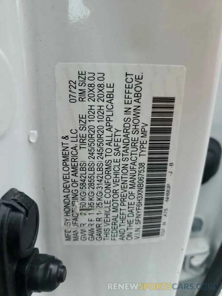 13 fotografías del automóvil dañado 5FNYF6H3XNB067538 HONDA PILOT 2022