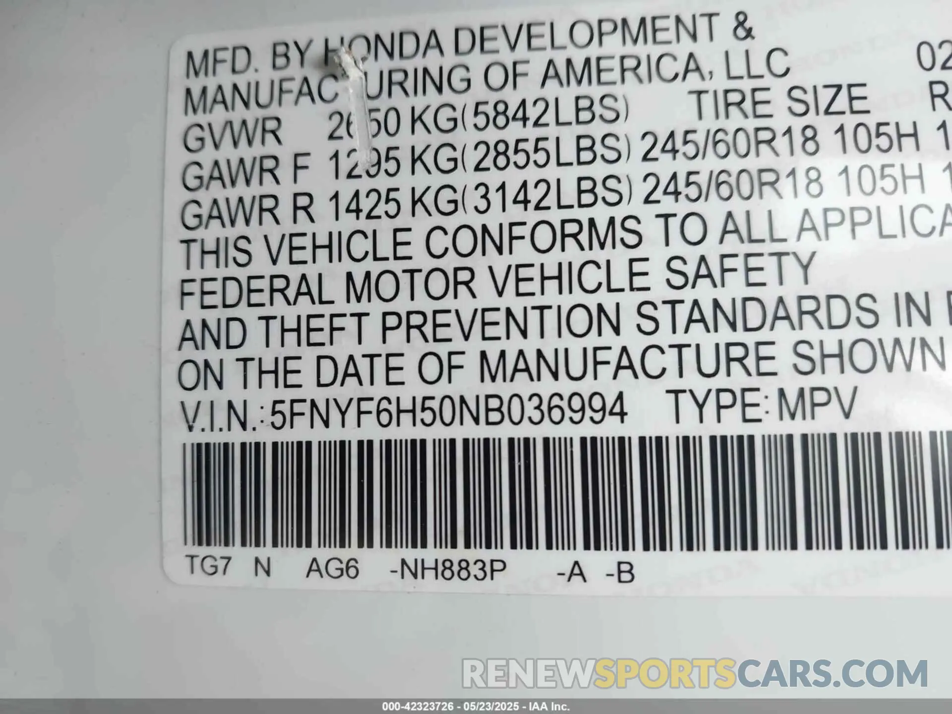 9 fotografías del automóvil dañado 5FNYF6H50NB036994 HONDA PILOT 2022