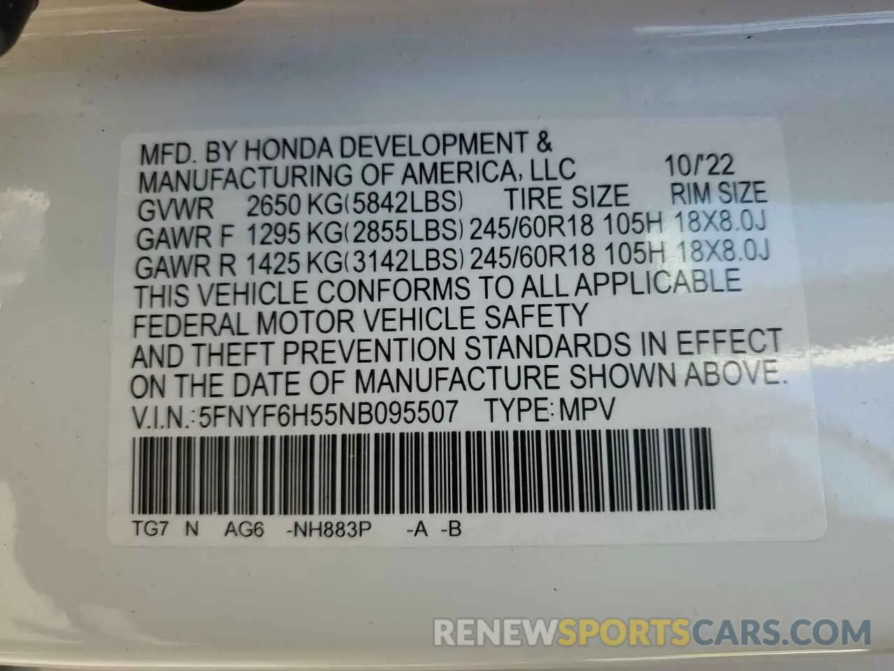 13 fotografías del automóvil dañado 5FNYF6H55NB095507 HONDA PILOT 2022