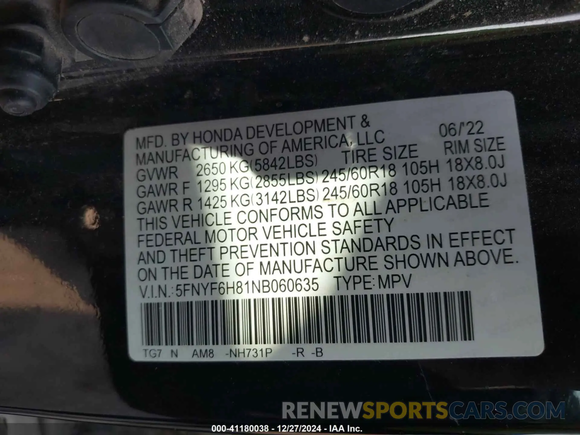 9 fotografías del automóvil dañado 5FNYF6H81NB060635 HONDA PILOT 2022